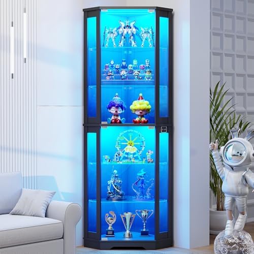 Glass Cabinet Display - 71인치 코너형 유리장식장, 6단 진열장(3개 LED